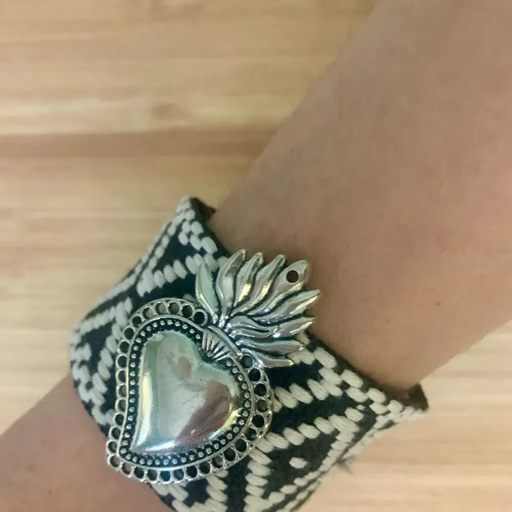 2/$30 Black White Silver Heart On Fire Adjustable Wrap Statement Bracelet Tassel